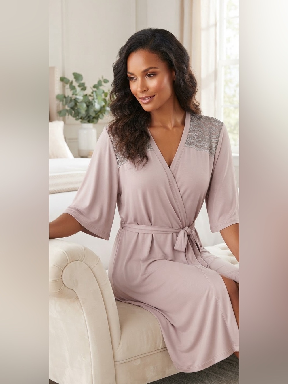 NottiBianche Lace Shoulder Wrap Slinky Robe Sz S Tie Waist Pale Pink 1/2 Sleeve